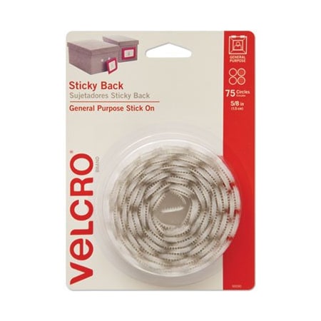 Velcro Brand Velcro, STICKY-BACK FASTENERS, REMOVABLE ADHESIVE, 0.63in DIA, WHITE, 75PK 90090